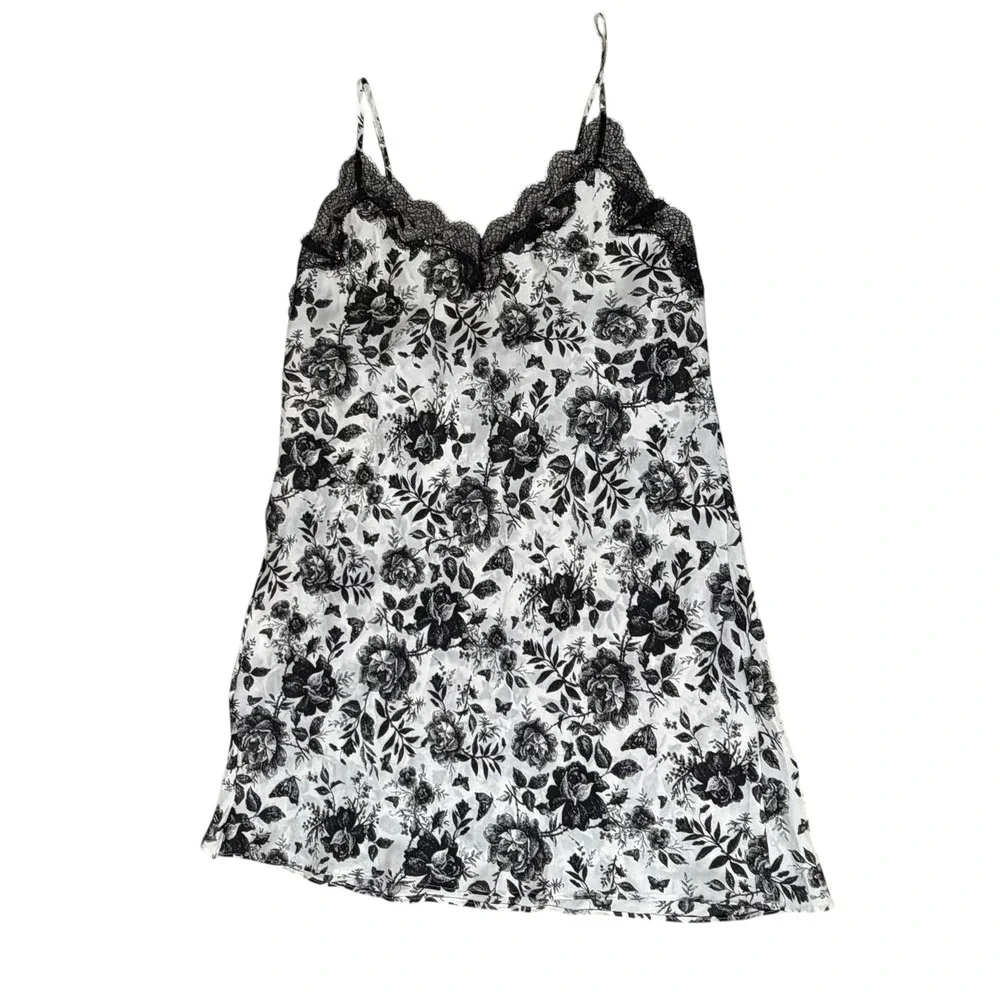 Victorias Secret Black White Floral Lace Trim Satin Slip Dress Nightgown Medium
